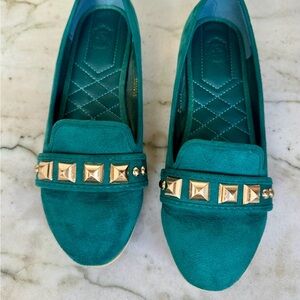 Ollio Teal Suede Loafers with Gold Stud Accents